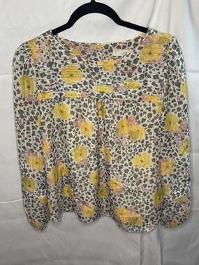 LOFT Mixed Leopard and Floral Print Metallic Stripe Pintuck Blouse